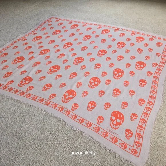 Alexander McQueen Skull Scarf Orange Peach Pink - Picture 3 of 12